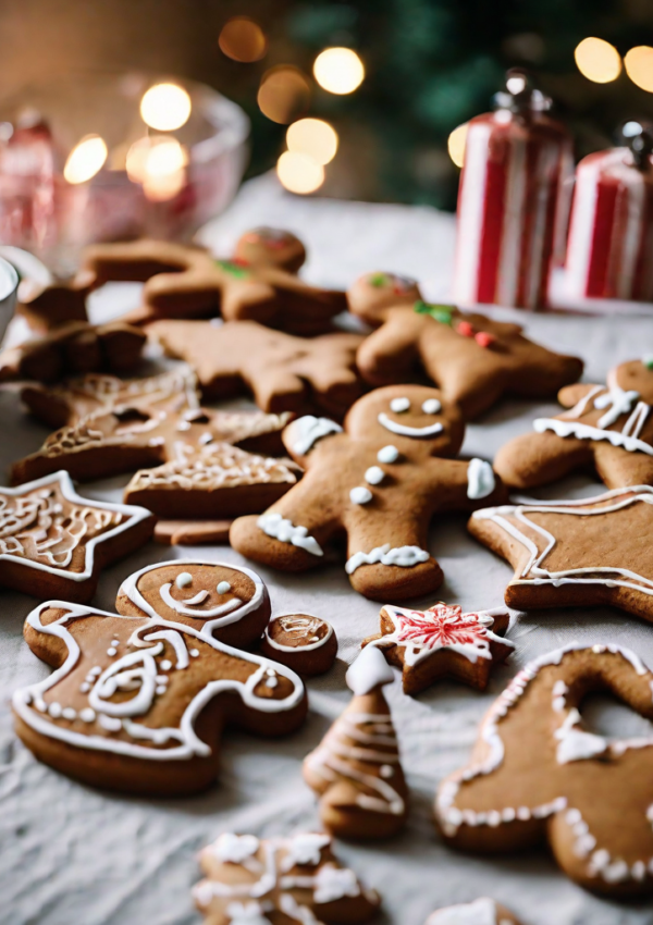 Gingerbread cookies in festive shapes decorated with frosting