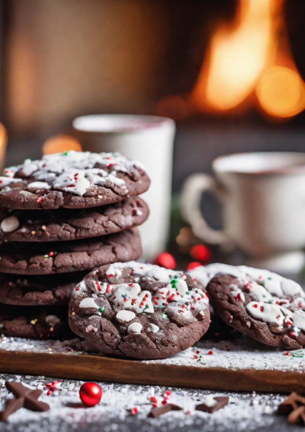 Chocolate chip cookies decorated with festive red and green sprinkles