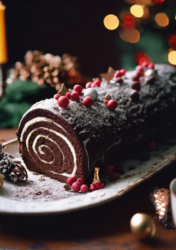 A beautifully decorated yule log cake adorned with red berries