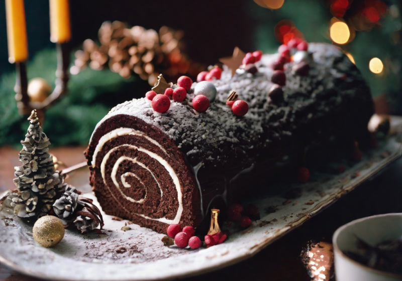 A beautifully decorated yule log cake adorned with red berries