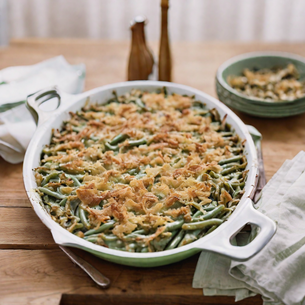 A green bean casserole topped with fried onion rings