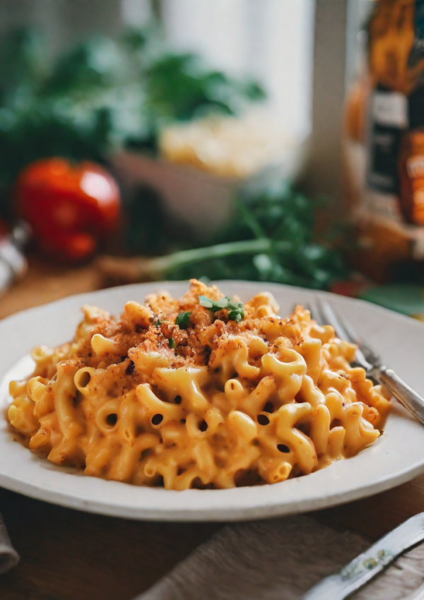 A dish filled with bubbling hot mac and cheese topped with breadcrumbs